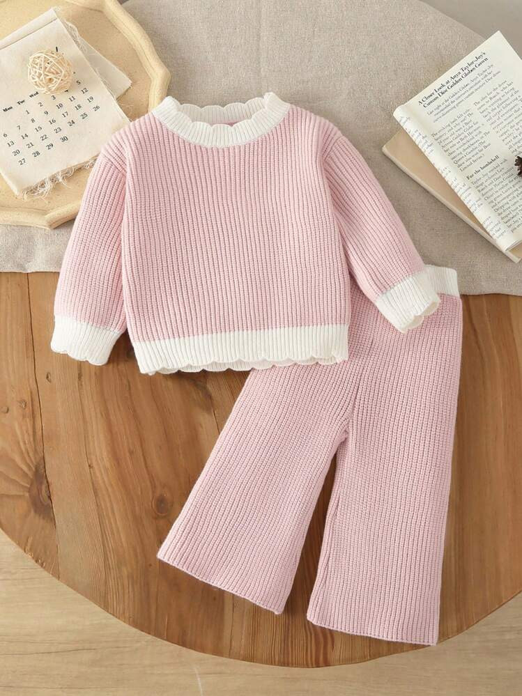 SHEIN Vintaside Kids 2pcs Baby Girls Elegant Solid Color Knitted Sweater And Wide Leg Pants Set, ... | SHEIN