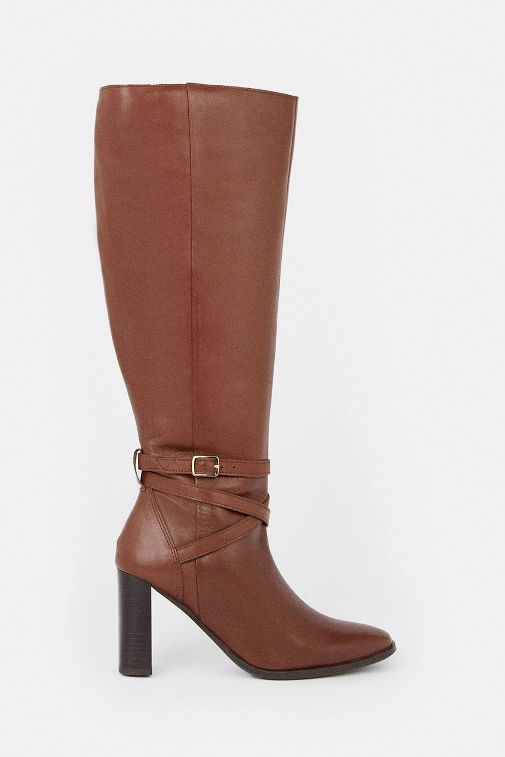 Leather Heeled Buckle Detail Knee High | Karen Millen UK + IE + DE + NL