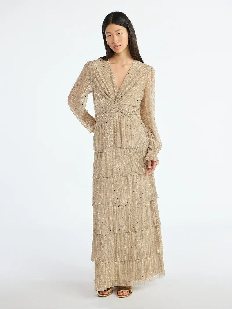 Scoop Women's and Women's Plus Glitter Ruffle Maxi Dress, Sizes XS-4X | Walmart (US)