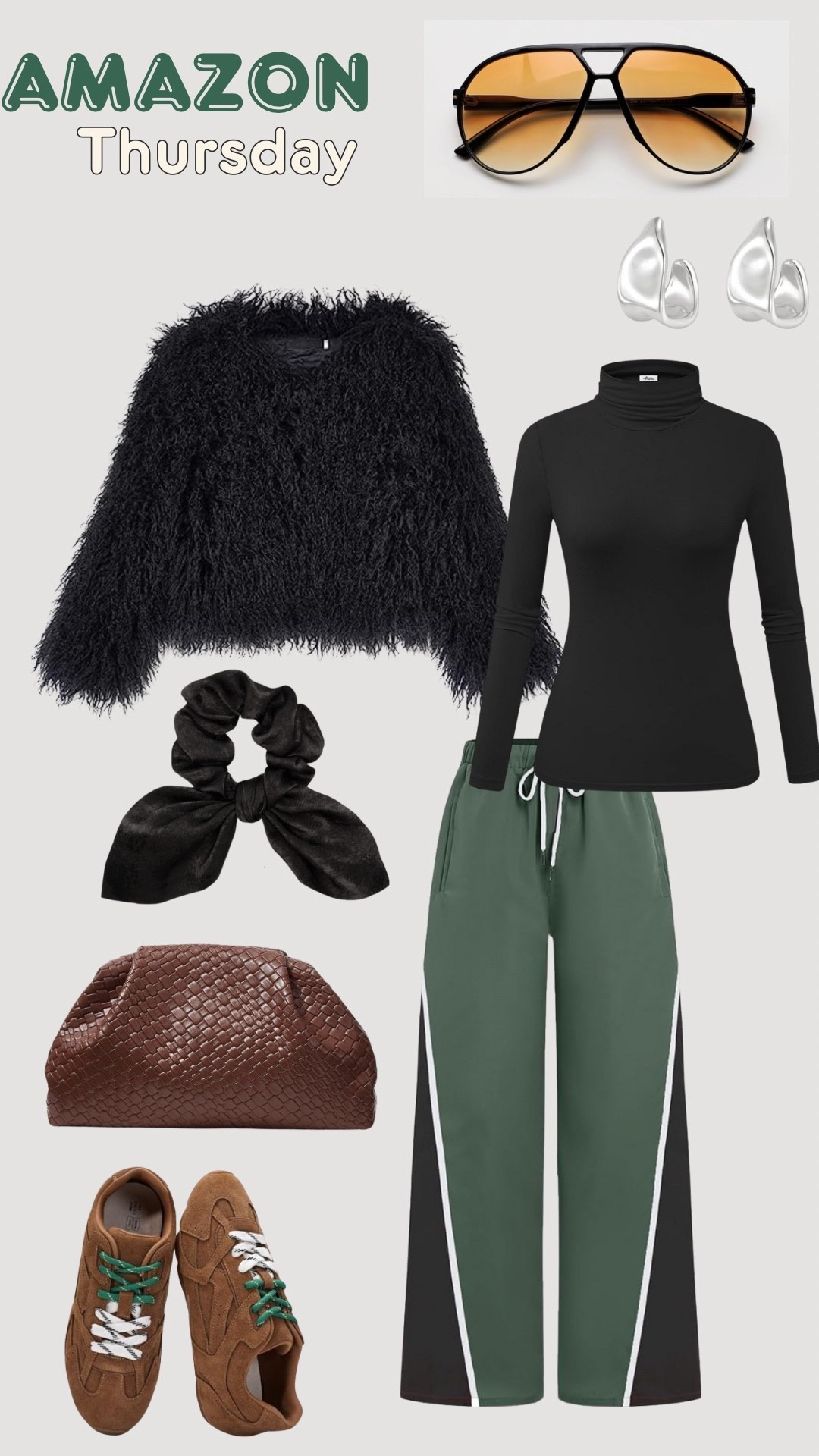Amazon Thursday

Black Faux Fur Coat, Dark Green Parachute Pants, Black Turtleneck, Tan Suede Shoes, Retro Aviator Sunglasses, Silver Earrings, Brown Clutch Bag, Black Scrunchie

#LTKShoeCrush #LTKSeasonal #LTKFindsUnder100