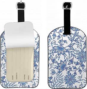 Blue Flower Leather Luggage ID Tag Geometric Leaves Paisley Baggage Tags with Full Privacy Cover ... | Amazon (US)