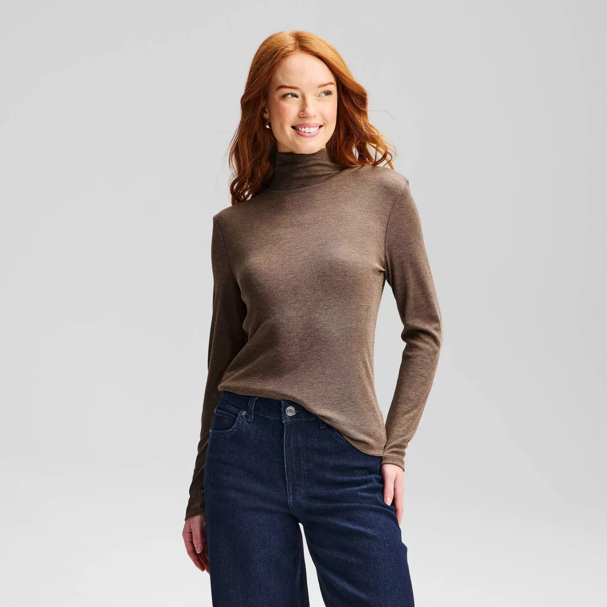 Women's Long Sleeve Featherweight Mockneck T-Shirt - A New Day™ Brown 2X | Target