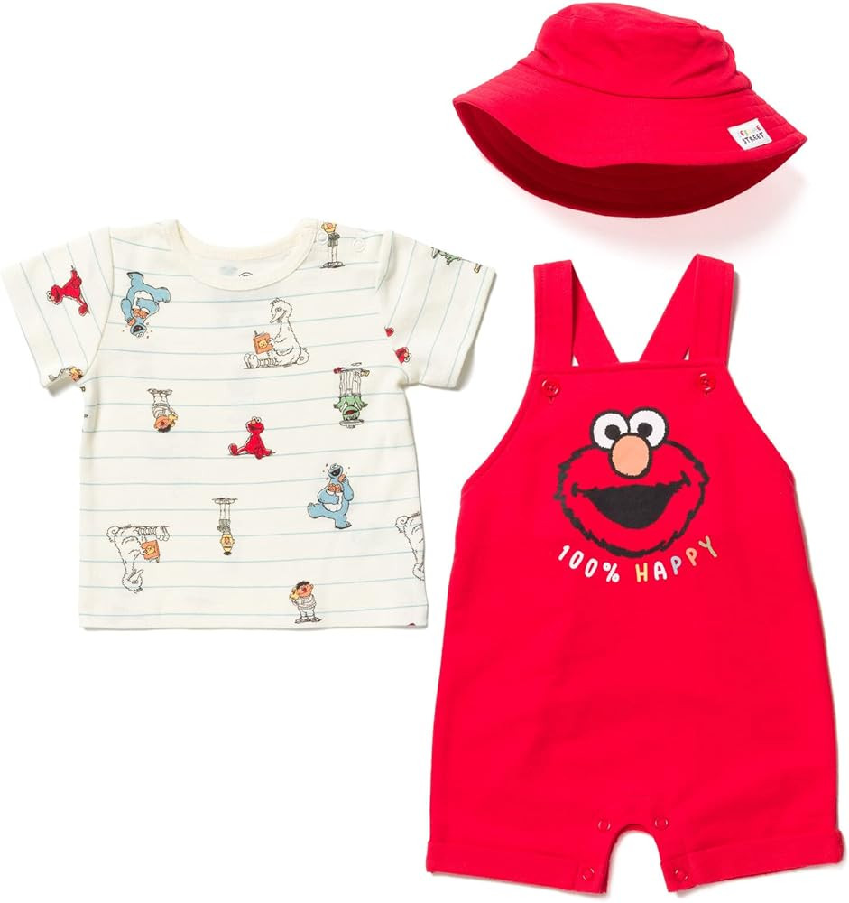 Sesame Street Elmo French Terry Short Overalls T-Shirt and Hat 3 Piece Outfit Set Newborn to Todd... | Amazon (US)