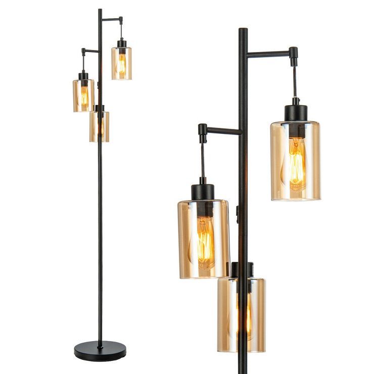 Costway Freestanding Floor Lamp Retro Floor Lamp w/3-Head Hanging Amber Glass Shade | Target