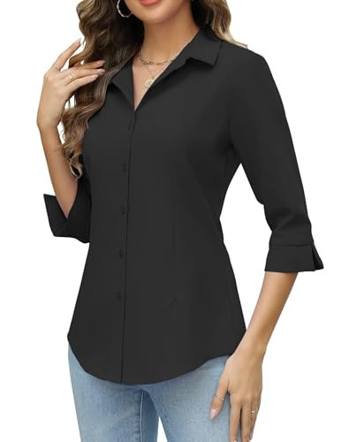HOTOUCH Black Button Down Shirt Women 3/4 Sleeve Business Button up Shirt Slim-Fit Classic V Neck Button Down Blouse Tops S | Amazon (US)