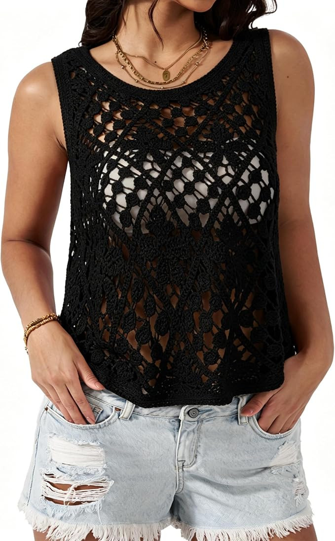 Floral Crochet Tops for Women Trendy Summer Boho Tops Sleeveless Tank Tops Loose Fit Crop Vacatio... | Amazon (US)
