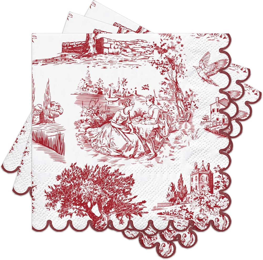 RUSPEPA 25 Pcs Toile Vintage Christmas Cocktail Napkins, 3 Ply Red and White French Country Scene... | Amazon (US)