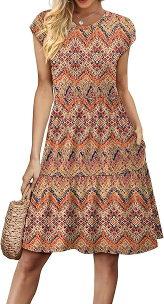 WIHOLL Summer Dresses for Women 2025 Cap Sleeve Casual Sundresses Floral Tiered Swing Babydoll Va... | Amazon (US)