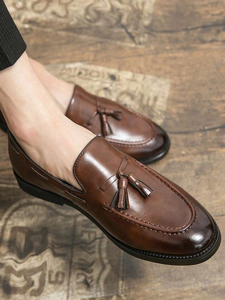 Men Tassel Decor Dress Shoes, Vintage Brown Dress Loafers For Wedding | SHEIN