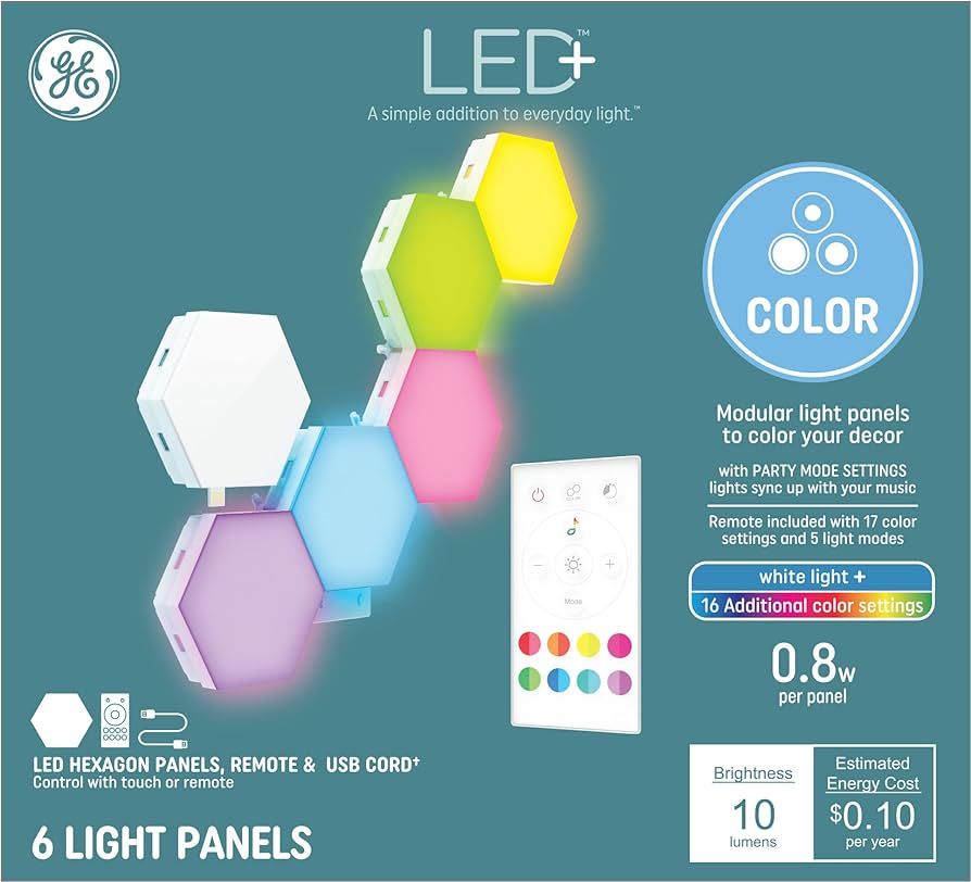 GE LED+ Color Changing Hexagon Tile Panels, 17 Color Settings & 5 Light Modes, No App or Wi-Fi Re... | Amazon (US)