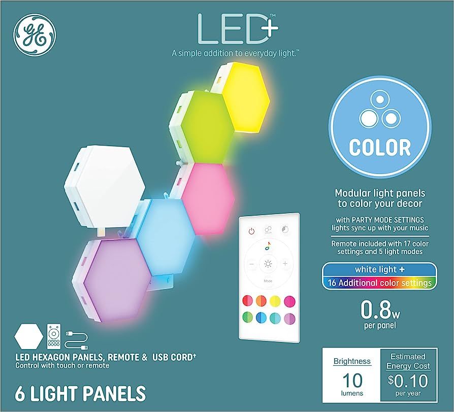 GE LED+ Color Changing Hexagon Tile Panels, 17 Color Settings & 5 Light Modes, No App or Wi-Fi Re... | Amazon (US)