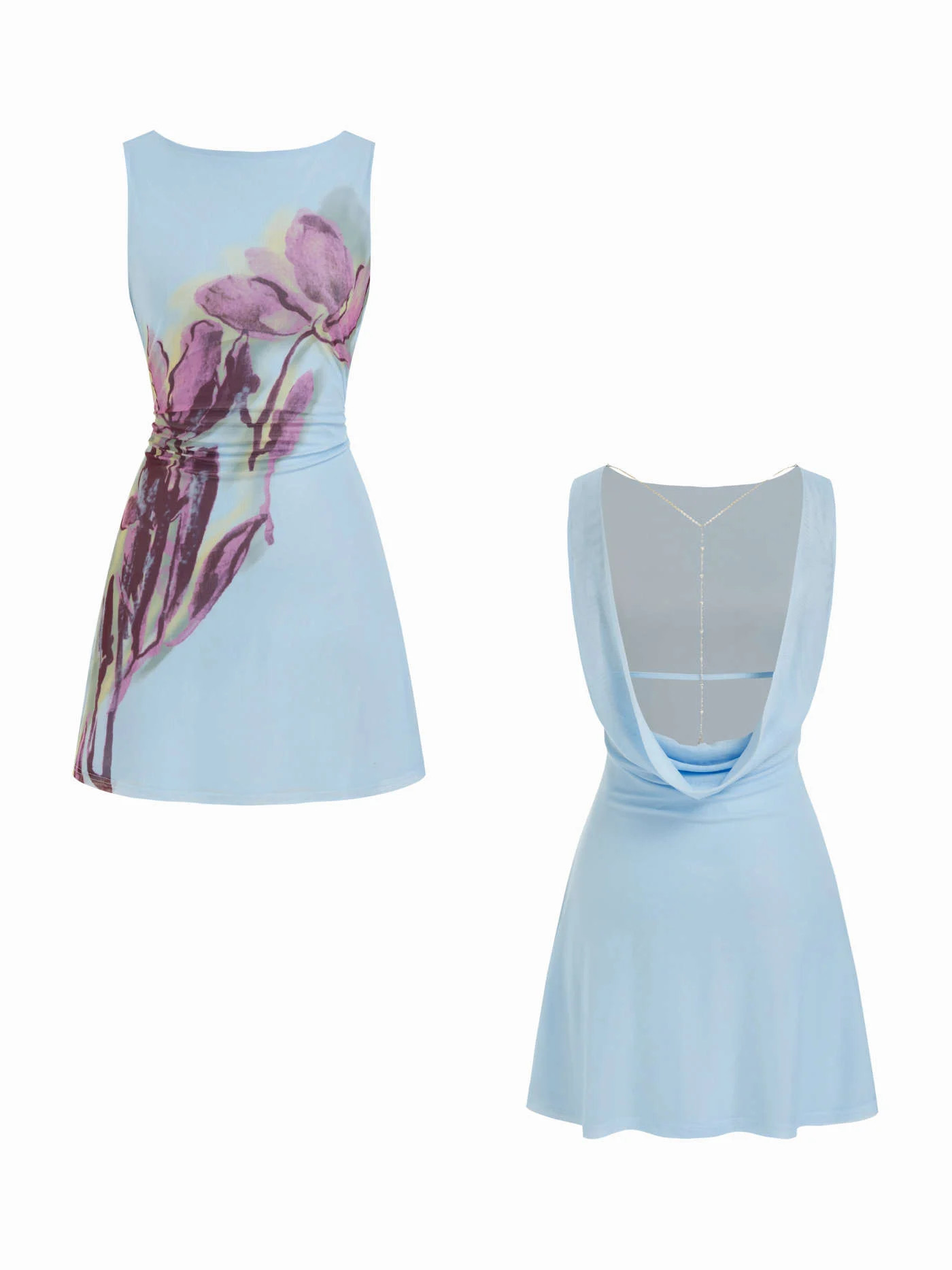 Mesh Floral Boat Neck Backless Chain Detail A-line Mini Dress | Cider