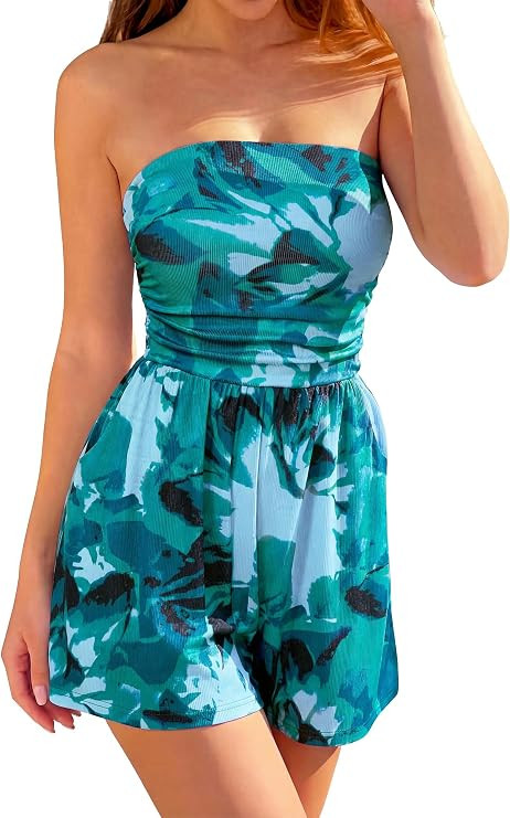 BTFBM Romper For Women 2026 Spring Strapless Printed Tube Boho Wide Leg Beach Short Jumpsuit Summ... | Amazon (US)