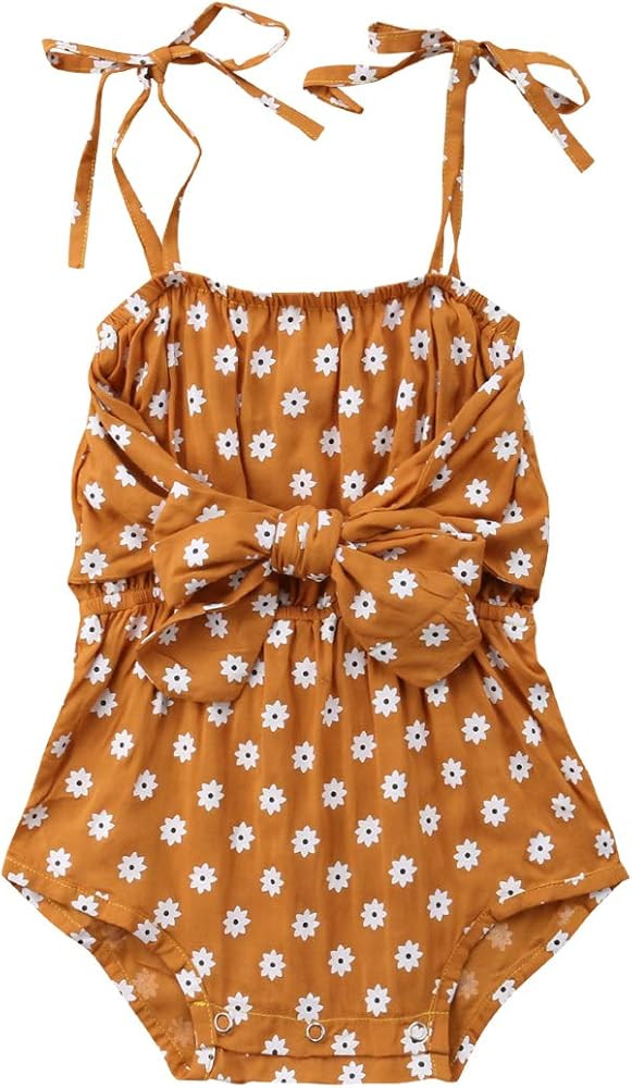 Toddler Baby Girls Sleeveless Romper Jumpsuit Off Shoulder Bowknot-Front Floral Print Bodysuit Cl... | Amazon (US)