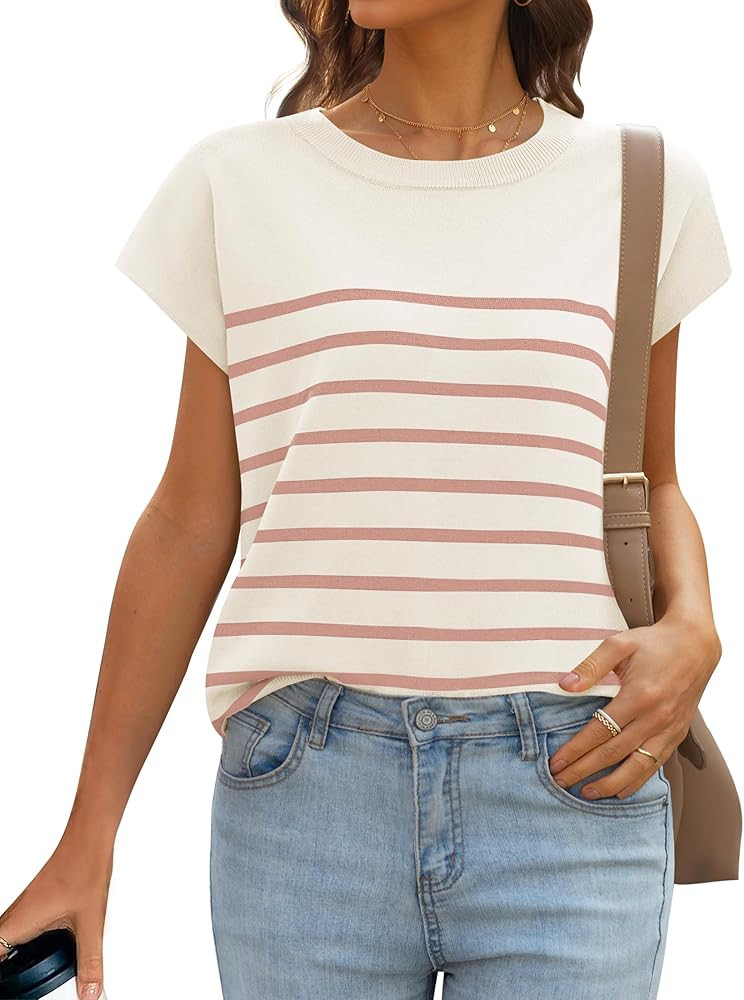 MIROL Women's Cap Sleeve Striped Tops 2025 Batwing Short Sleeve Summer Crewneck Tee Knit Casual L... | Amazon (US)
