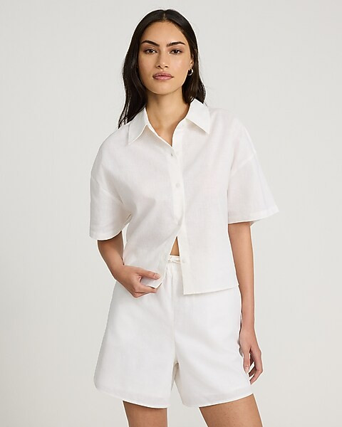 Linen-Blend Short Sleeve Cropped Shirt | Express