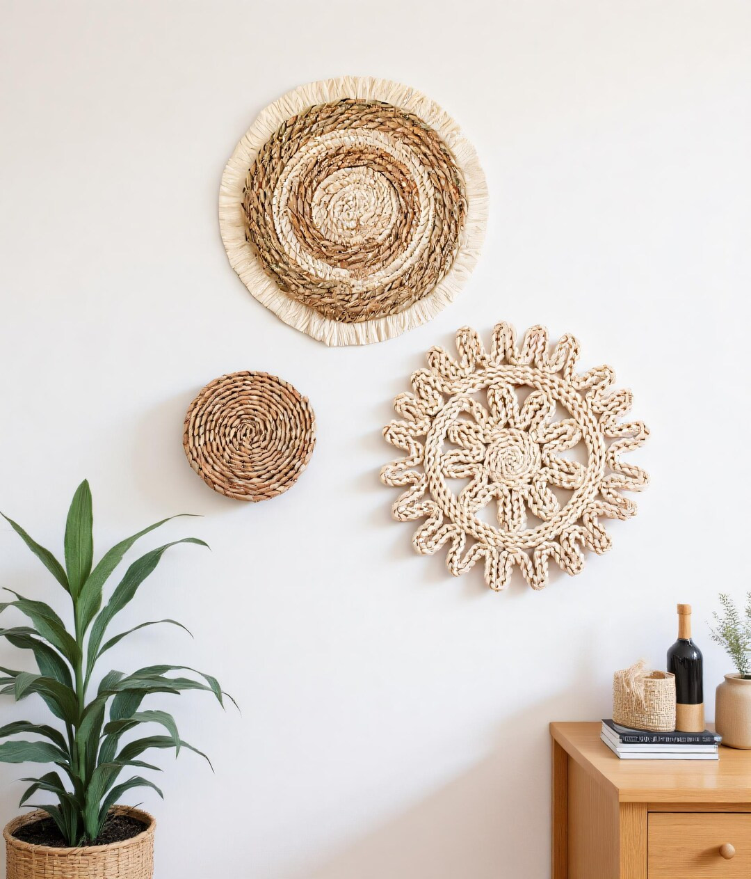 Boho Woven Wall Hanging Basket Set of 3, Natural Rattan Wall Art With Fringe and Sunflower Design... | Etsy (Global)