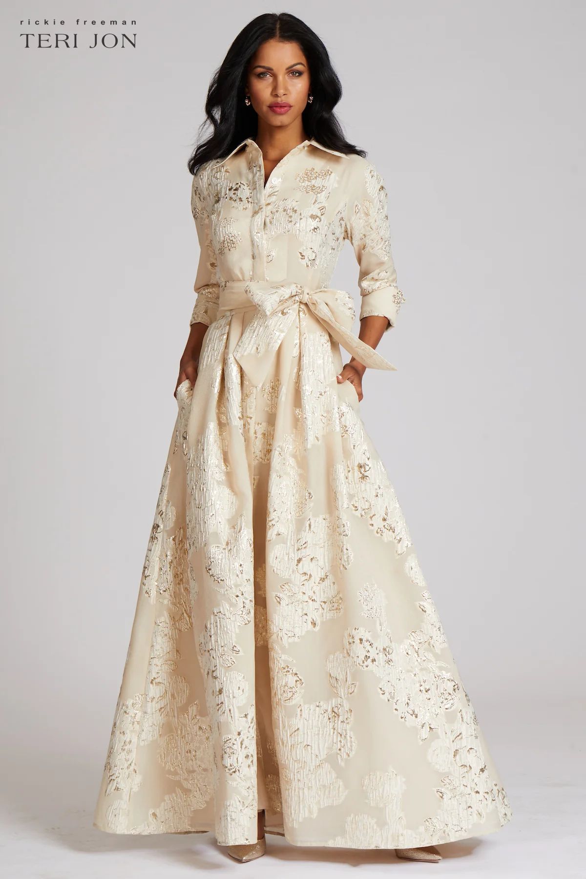 Metallic Jacquard Shirtdress Gown with Floral Print | TERIJON