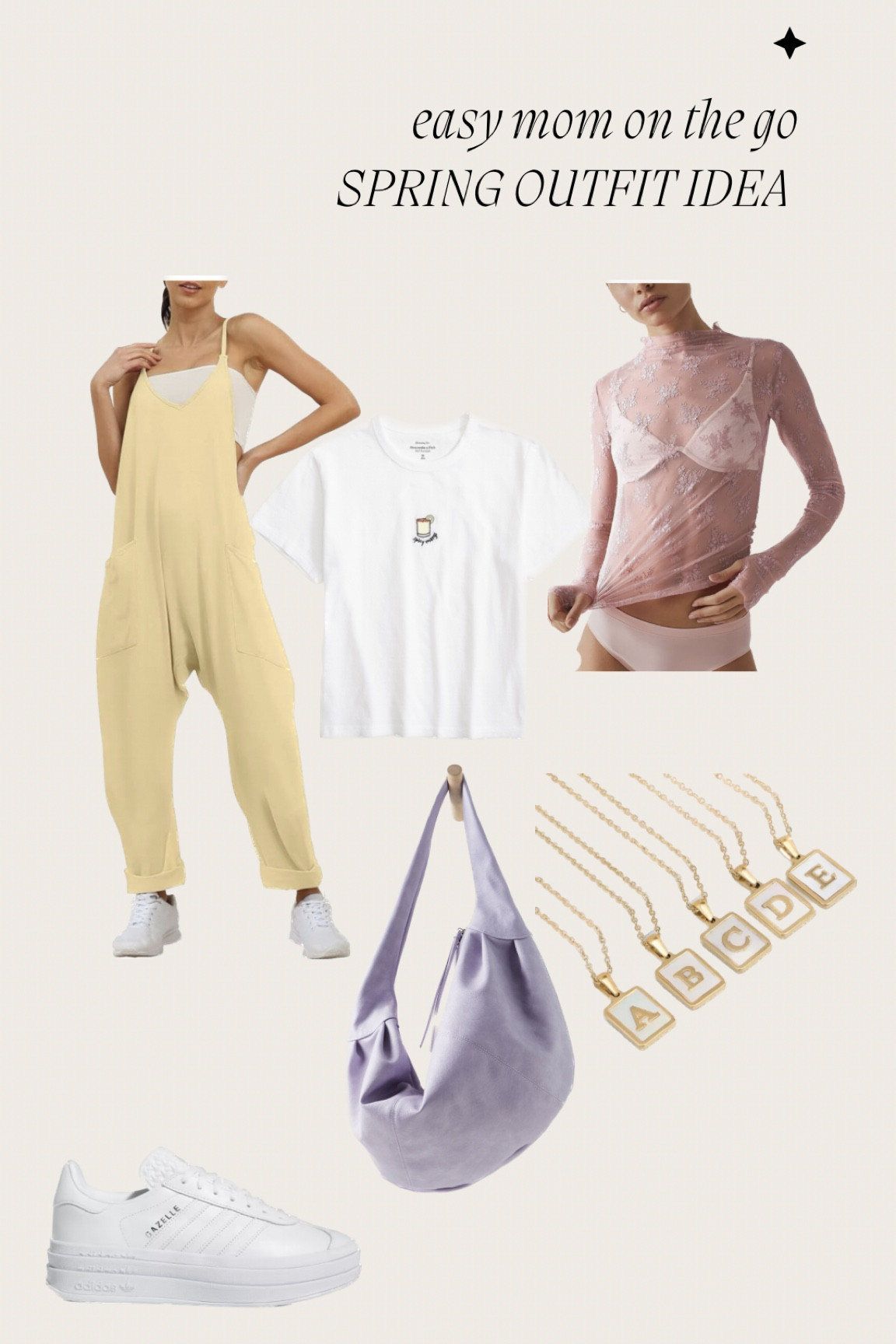 Easy mom on the go outfit idea for spring. 

Sizing:
Jumpsuit tts
tee size up 1
lace top tts
shoes size down 1/2. White Gazelle Bolds are currently fully in stock! 

#LTKstyletip #LTKfindsunder100 #LTKSpringSale