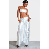 Silver Coated Crackle Effect Denim Wide Leg Jeans | PrettyLittleThing US