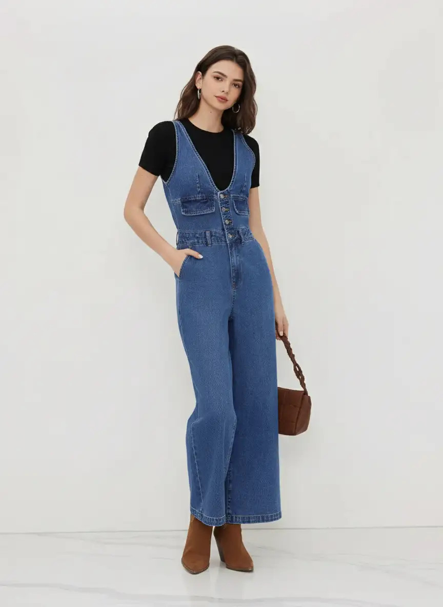 denim Denim Cider Denim V-neck Button Pocket Wide Leg Jumpsuit For Daily Casual | Cider