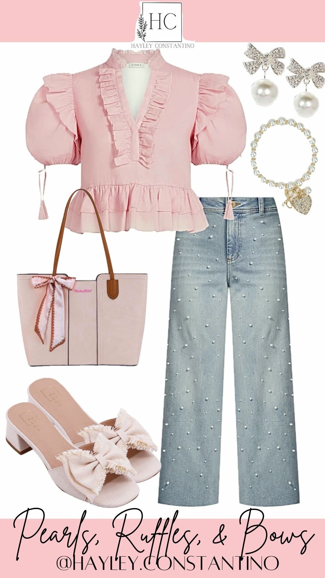 This outfit is giving sweet-with-a-wink charm 💕—a little Southern belle, a little modern chic, and a whole lot of confidence at any age.
✨ The Vibe
Think pearls, ruffles, and bows walked into a room and immediately got compliments. The soft blush ruffled top brings playful femininity without trying too hard, while the pearl-dotted wide-leg denim adds just the right amount of sparkle-meets-casual cool. The bow heels and delicate pearl accessories seal the deal with a polished-but-fun finish. It’s flirty, polished, and effortlessly pretty.
💗 Why It Works for Women of All Ages
This look isn’t about age—it’s about style with personality.
In your 20s: it’s fresh, fun, and totally Instagram-worthy
In your 30s–40s: it’s chic, confident, and pulled together
50s and beyond: it’s timeless, elegant, and joyfully feminine
It’s proof that ruffles and pearls don’t have an expiration date.
📍 Where & When to Wear It
Brunch with the girls (bonus points for mimosas)
Baby or bridal showers when you want to look polished but approachable
Spring and summer parties—garden parties, birthdays, or lunch dates
Casual date night when “cute but comfortable” is the goal
Church, luncheons, or daytime events where pretty meets appropriate
💫 
This outfit says: “I love classic details, but I’m still having fun.”
Sweet, cheeky, and age-inclusive—because great style doesn’t grow old, it just gets better. 💕

#LTKOver40 #LTKootd #LTKWorkwear