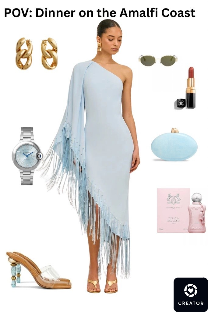 wedding guest dress summer

POV: You are heading to a sunset dinner on the Amalfi Coast. 🌊🍋✨ The ultimate luxury Euro-Summer look. This baby blue one-shoulder fringe dress is an absolute showstopper—elegant, breezy, and incredibly flattering. Paired with gold statement accessories and the perfect Cult Gaia heels for that effortless resort aesthetic. Shop the entire lookbook here! #eurosummer #amalficoast #portofinostyle #vacationoutfitsbeach #babybluedress #luxuryresortwear #weddingguestdress #summerstyle

#LTKWedding
