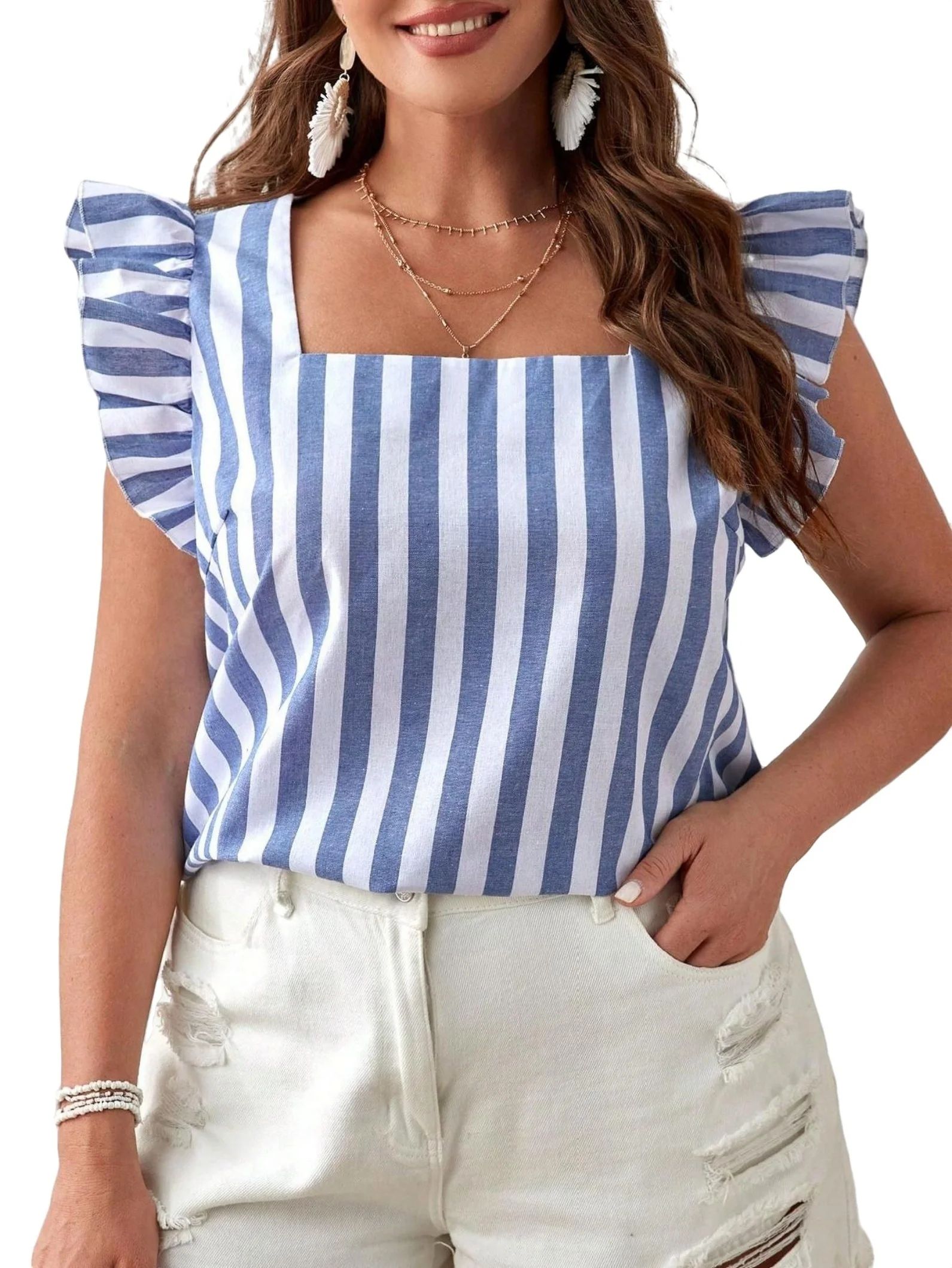 Casual Striped Print Square Neck Top Sleeveless Blue and White Plus Size Blouses (Women's) | Walmart (US)