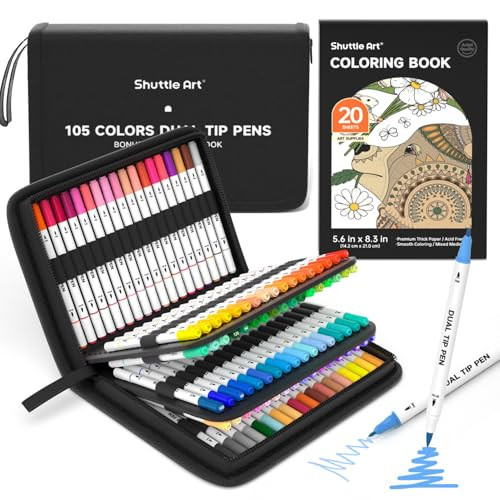 Shuttle Art Dual Tip Brush Marker Pens, 105 Colors Fine and Brush Tip Markers Set in Portable Case with 1 Coloring Book for Kids, Water-based Ink Adult Artist Coloring Calligraphy Journal Doodling | Amazon (US)