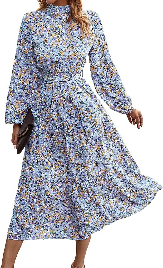 BTFBM Women Long Sleeve Fall Dresses Casual Mock Neck Tie Back Floral Swing A-Line Pleated Vintag... | Amazon (US)