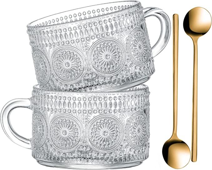 Gezzeny Vintage Coffee Mugs, Glass Coffee Mugs 14 Oz Set of 2 Clear Embossed Glass Coffee Cups fo... | Amazon (US)