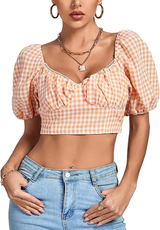 LYANER Women's Gingham Puff Sleeve Crop Top Ruched Backless Tie Back Blouse | Amazon (US)