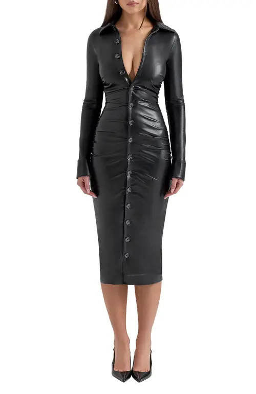 HOUSE OF CB Viola Long Sleeve Faux Leather Midi Dress in Black at Nordstrom, Size X-Large | Nordstrom