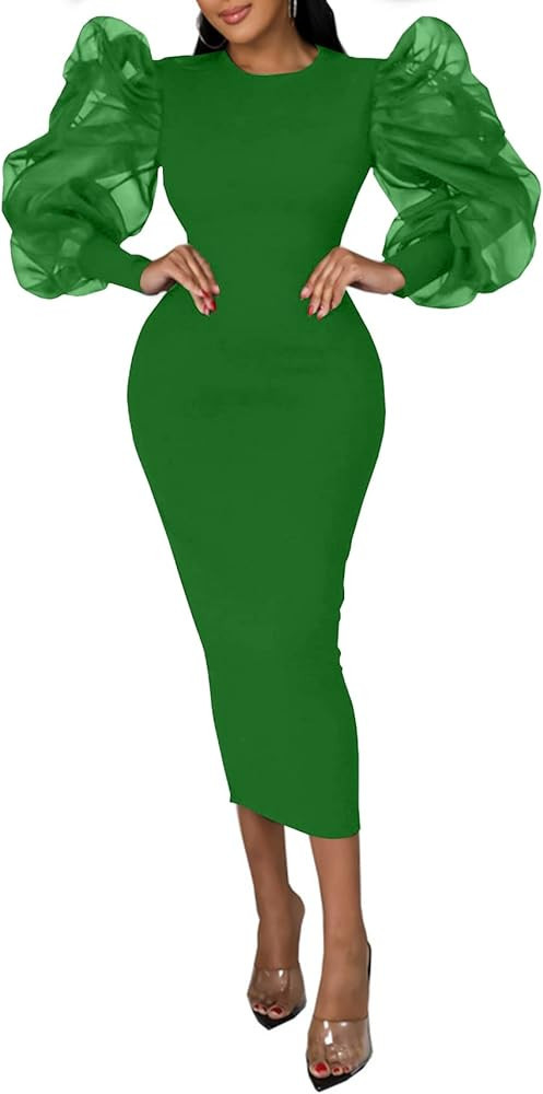 Vrtige Women's Crewneck Mesh Puff Long Sleeve Zipper Cocktail Bodycon Midi Dress | Amazon (US)