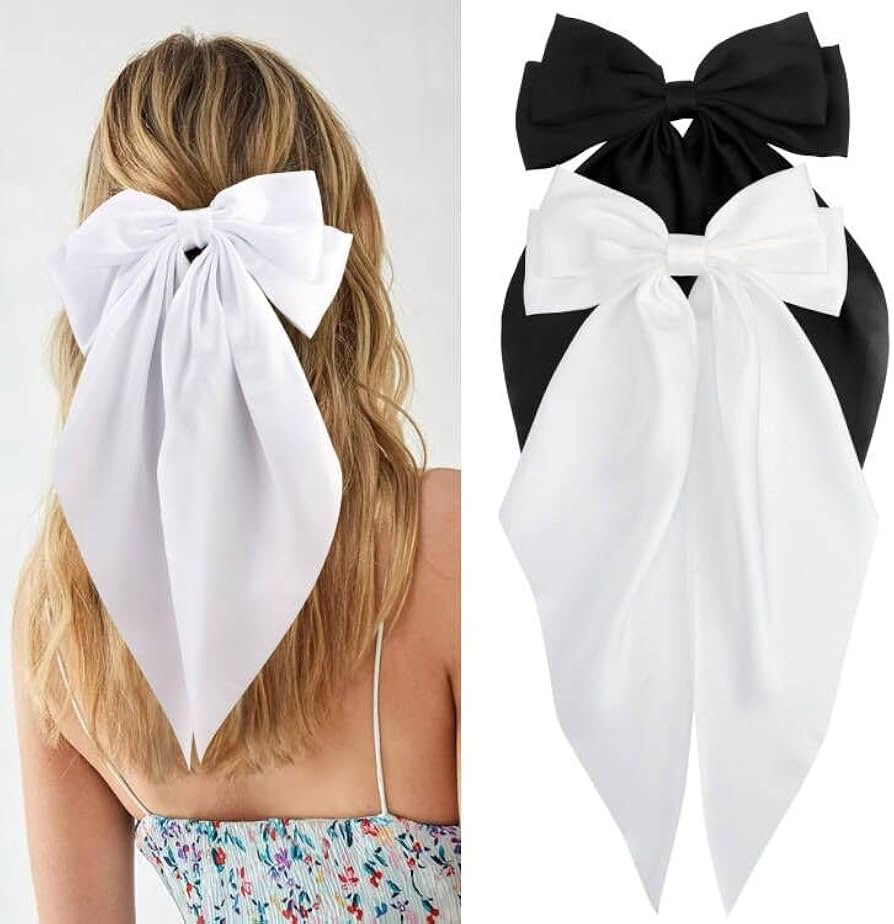 Velscrun Hair Bows Set - 4Pcs White, Black Big Oversized Satin Ribbons with Bow-Knot Hair Claw Cl... | Amazon (US)