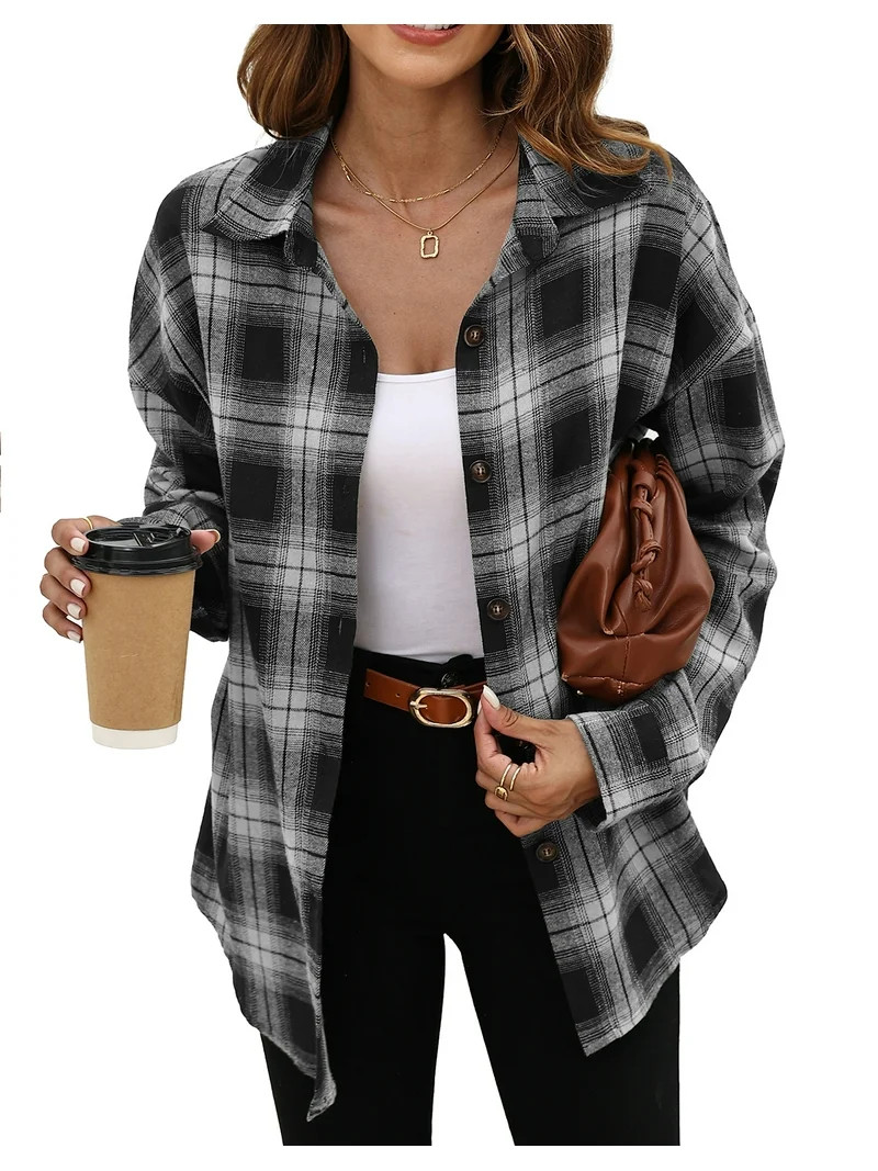 Fantaslook Plaid Flannel Shirts for Women Oversized Long Sleeve Button Down Shirts Blouses Tops | Walmart (US)