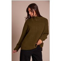 Khaki Oversized Polo Neck Knitted Jumper | PrettyLittleThing UK