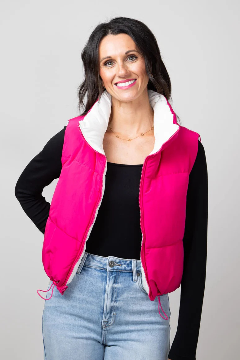 Love Tree Cropped Reversible Puffer Vest for Women in White/Fuchsia | Glik's
