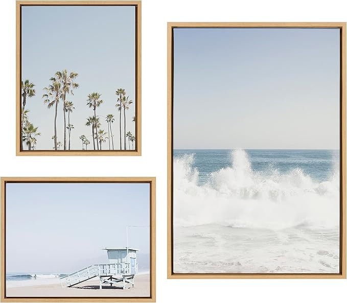 Kate and Laurel Sylvie Waves Crashing, Palm Tree Paradise and Pale Blue Lifeguard Tower Framed Ca... | Amazon (US)