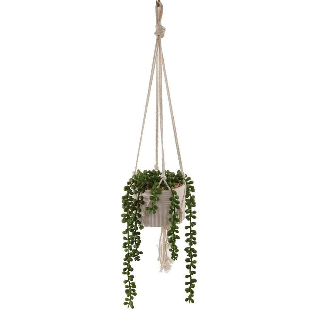 Flora Bunda 20 in. Artificial String of Pearls in Macrame Hanging Ceramic Planter | The Home Depot