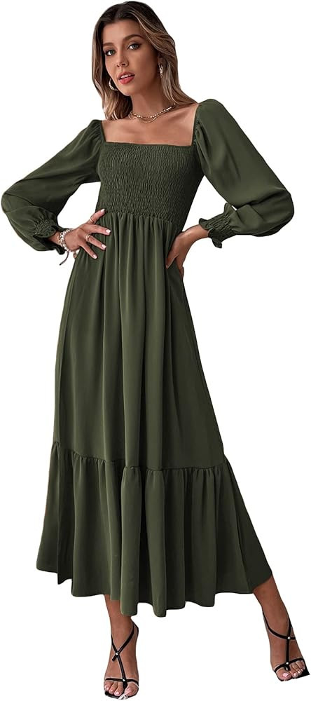 WDIRARA Women's Square Neck Flounce Shirred Ruffle Hem Elegant Long Sleeve Maxi Dress | Amazon (US)