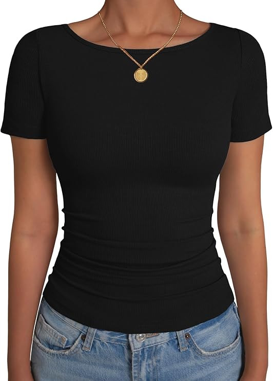 Women's Boat Neck Tops Ribbed Short Sleeve T-Shirts Slim Fitted Tight Y2k Basic Tee Spring Clothe... | Amazon (US)