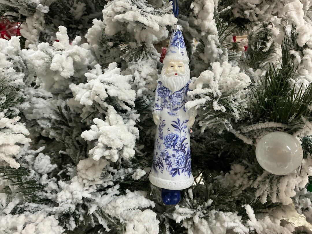 Blue and White Floral Glass Santa Ornament, 8” - Etsy | Etsy (US)