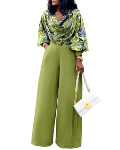CHICME Women's 2 Pieces Outfit 2025 Abstract Print Cowl Neck Lantern Sleeve Crop Top and Casual Side Zipper Wide Leg Pants Set Green-L | Amazon (US)