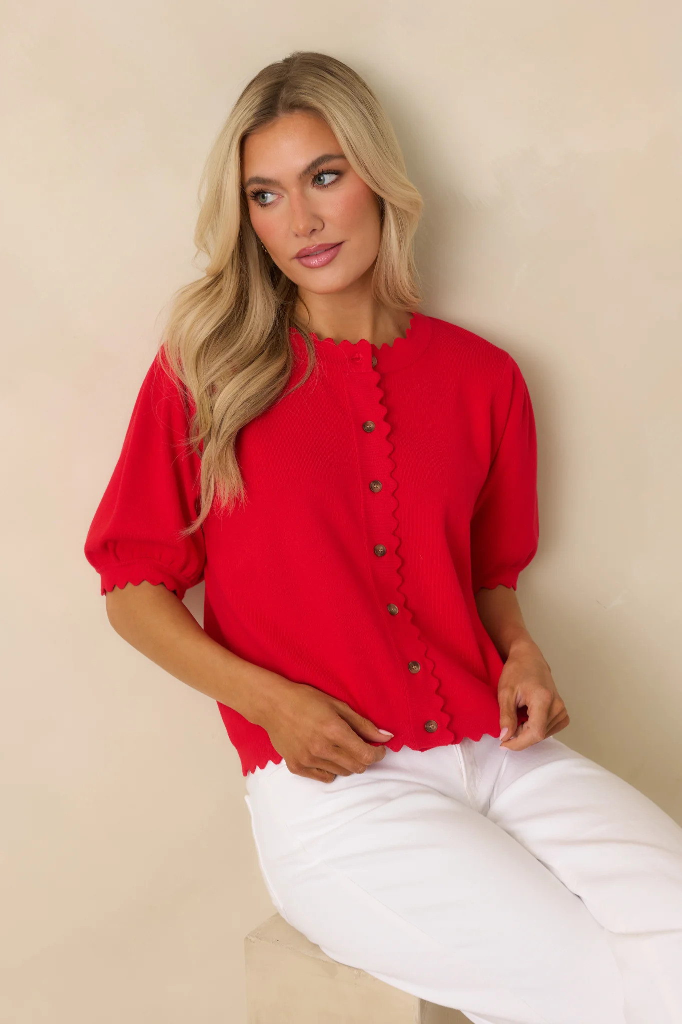 Simply So Cute Red Knit Scalloped Edge Puff Sleeve Button Up Cardigan | Red Dress