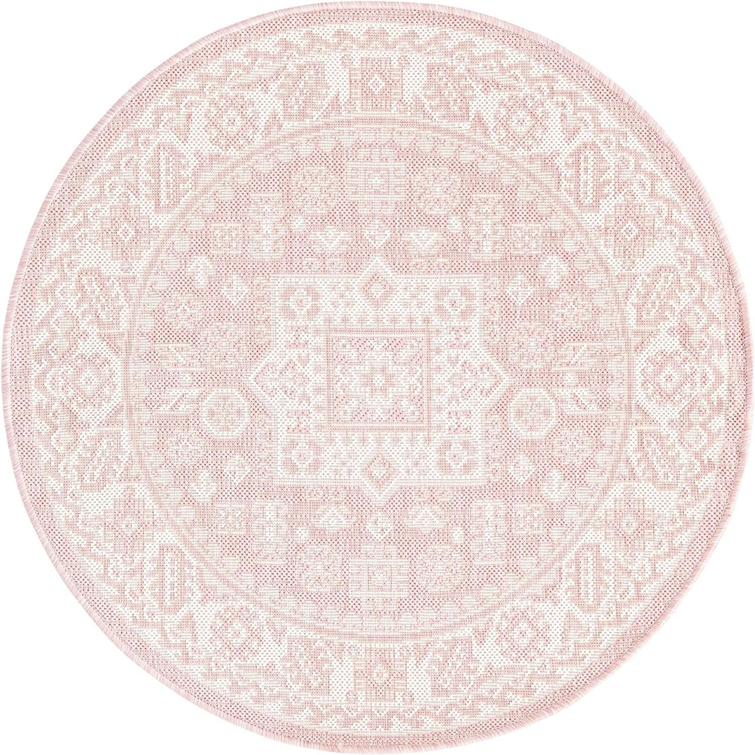 Rugs.com Outdoor Aztec Collection Rug – 3 Ft Round Pink Flatweave Rug Perfect for Kitchens, Din... | Amazon (US)