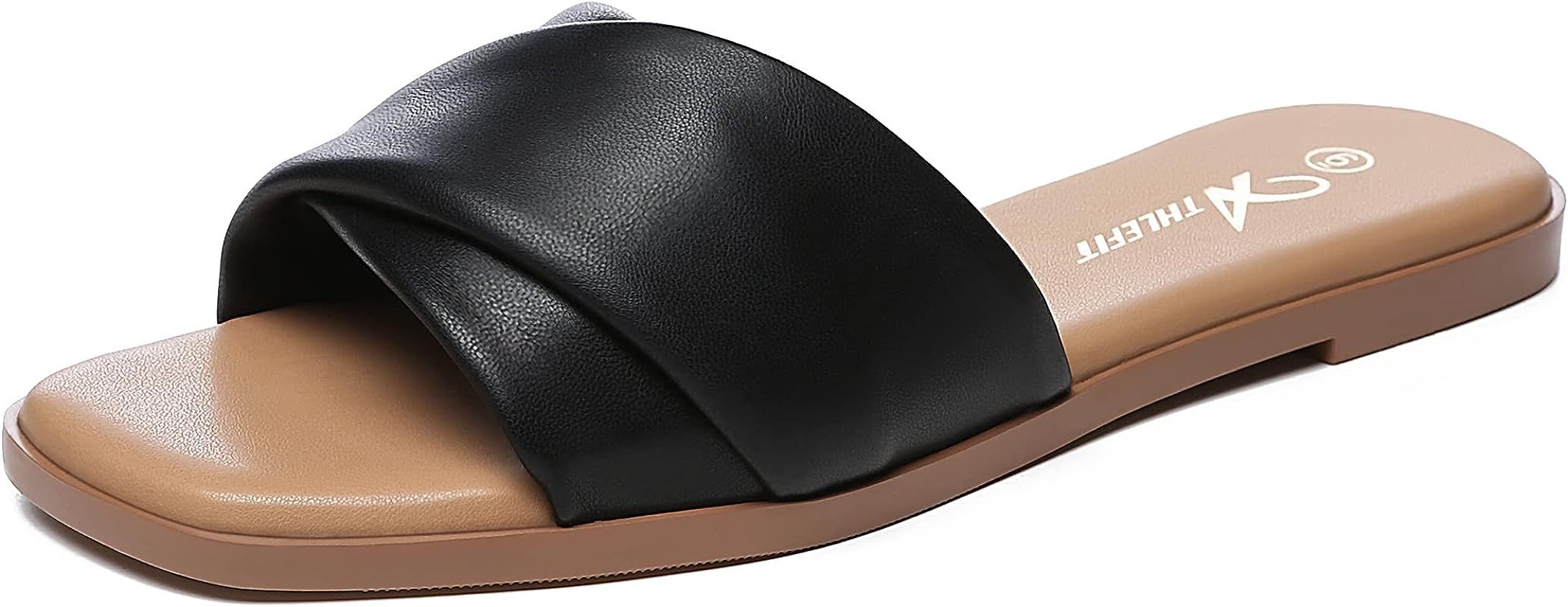 Women's Summer Flat Sandals Slip On Square Toe Soft Leather Slide Sandals | Amazon (US)