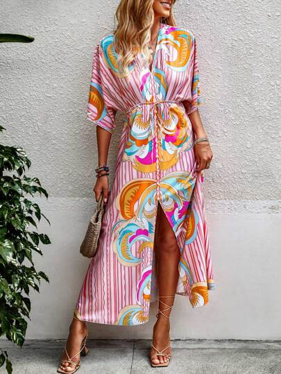 Graphic & Striped Frill Pearls Split Hem Batwing Sleeve Dress
   SKU: sw2203262193903999      
  ... | SHEIN