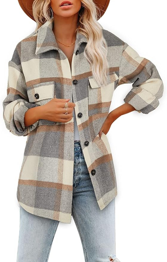 Women's Brushed Plaid Shirts Long Sleeve Flannel Lapel Button Down Pocketed Shacket Jacket Coats | Amazon (US)