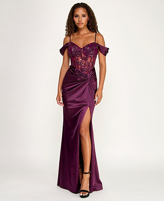 Juniors Off-The-Shoulder Satin Gown with Beaded Bodice and Knot Skirt Detail | Macy's